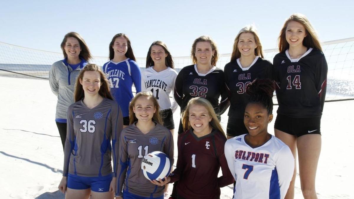 The 2017 Sun Herald All South Mississippi Volleyball team; front row from left, Amelia Moore and Kennedy Bahr of Ocean Springs, Alexis Laughlin of East Central and Dywana Parker of Gulfport. Back row from left, Coach Haley Chatham, Payton McKerchie and Sydney Salter of Vancleave, Hannah Gest, Emma Funk and Rebecca Walk of Our Lady Academy. Not pictured: Emma Godfrey of Resurrection, Madison Ladner of Hancock and Karringten Perkins of Hancock.