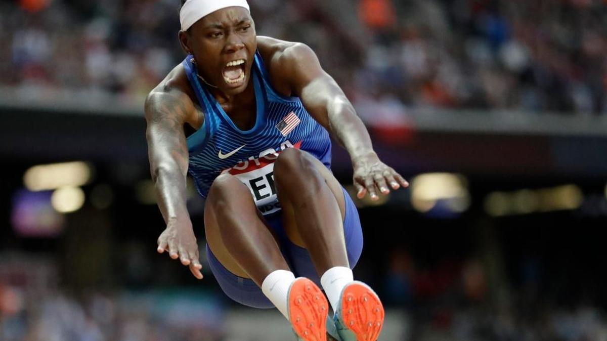 United States' gold medal winner Brittney Reese makes an attempt in the women's long jump final during the World Athletics Championships in London Friday, Aug. 11, 2017.