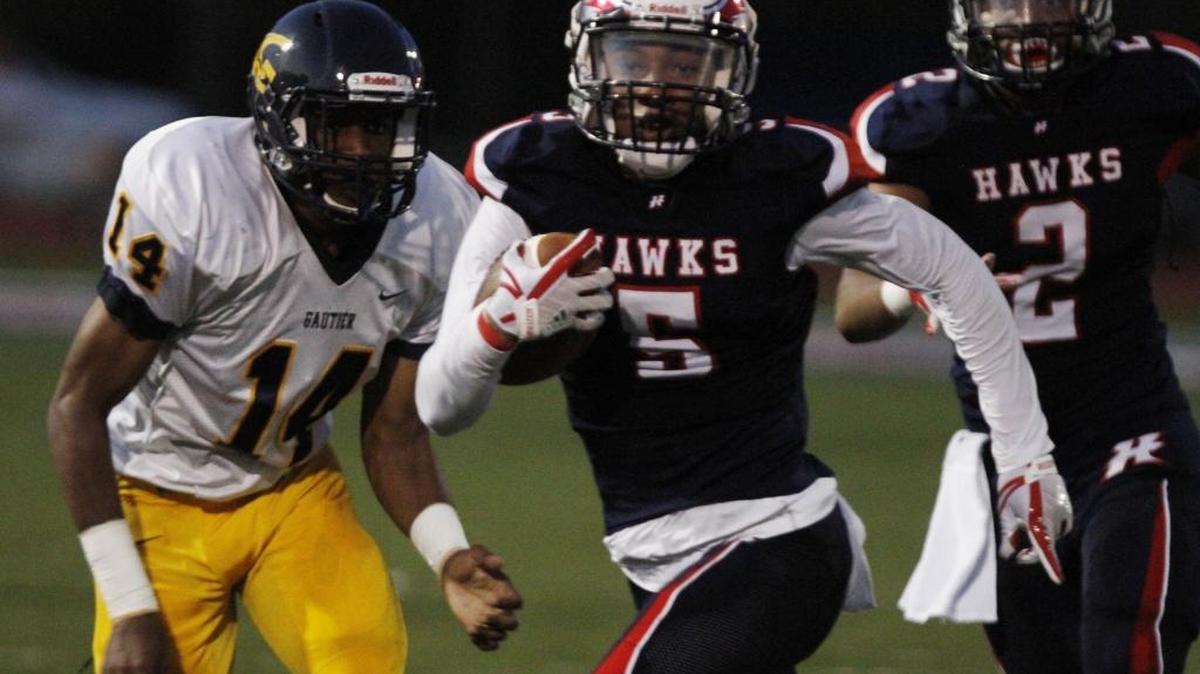 Hancock running back Rondell Womack carries the ball during the second quarter of their game against Gautier at Brett Favre Field in Kiln on Friday, Sept. 1, 2017. HCHS visits Ocean Springs on Friday.