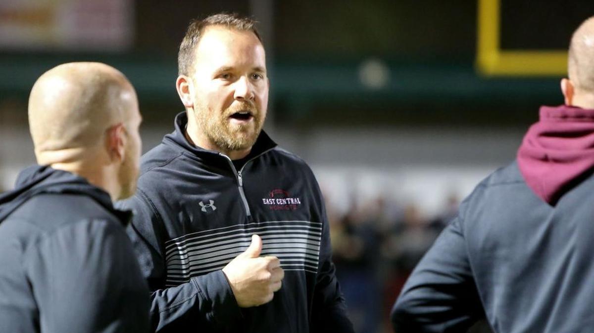 East Central head coach Seth Smith talks to his assistants during the first quarter of their 4A South State championship game at Poplarville on Nov. 24.