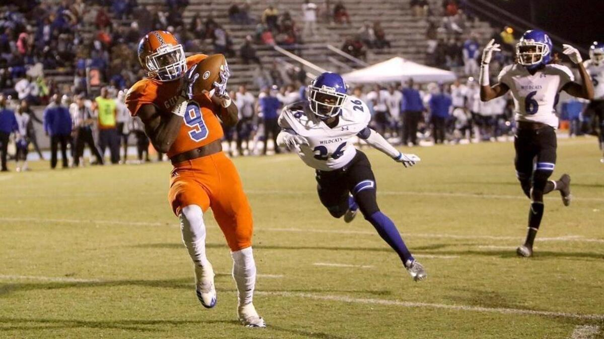 Gulfport wide receiver Derick Hall makes a catch in the end zone for a touchdown against Meridian during the first round of the Class 6A playoffs on Friday, November 10, 2017, at Milner Stadium. Hall announced a football offer from Mississippi State on Thursday.