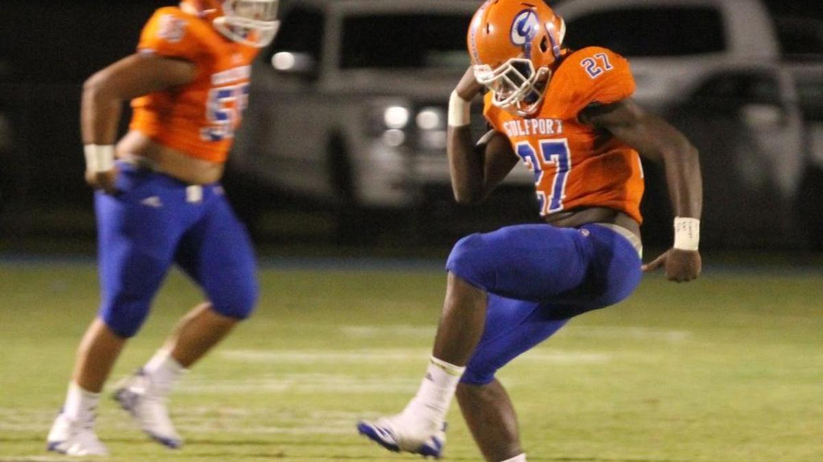 Gulfport linebacker Karlos Dillard celebrates his second-quarter interception against George County in their Port City Bowl Classic game at Milner Stadium on Gulfport on Friday, Aug. 18, 2017.