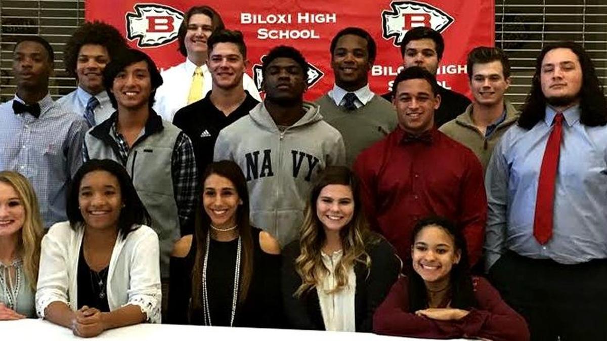 Several Biloxi High students signed scholarships. Signees from left (front row): Gabby Williams, Anaidra Bounds, Zakiah Almatrod, Sydney Canette, Curissa Beatty. Second row: Jiles Bradfield, Mariano Rodriguez, Tyler Price, Nick Ross and Skylar Talavara. Back row; Blayr Case, Ethan Myers, Trey Shaffer, Tim Jones, Nick Tiblier and Tyler Nasakaitis.