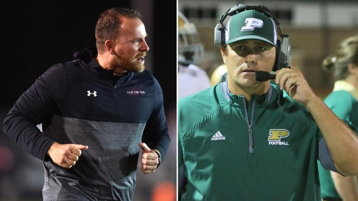 East Central head coach Seth Smith, left, and Poplarville head coach Jay Beech grew up best friends in Pearl River County.