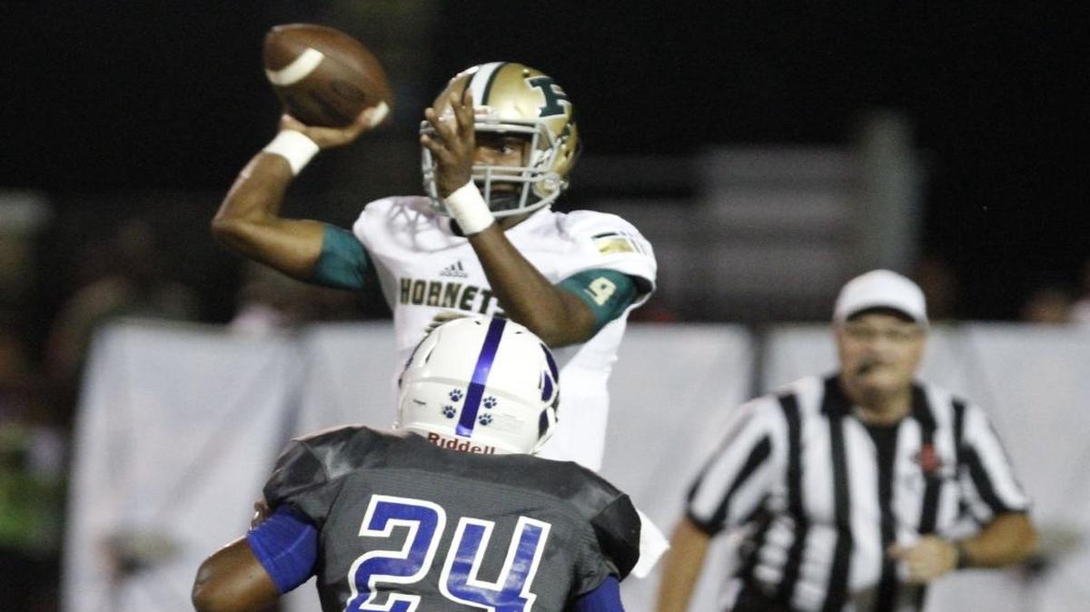 Poplarville quarterback Antonio Barnes throws against Stone during the second quarter of their game at A.L. May Stadium in Perkinston on Friday, Sept. 8, 2017.