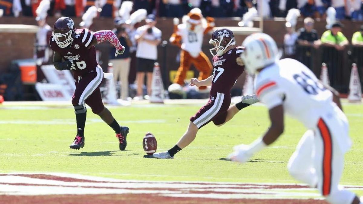 Former Ocean Springs High School standout Brad Wall kicks off for Mississippi State against Auburn on Saturday. Wall is a freshman walk-on who was elevated to starting duty after injuries to upperclassmen.