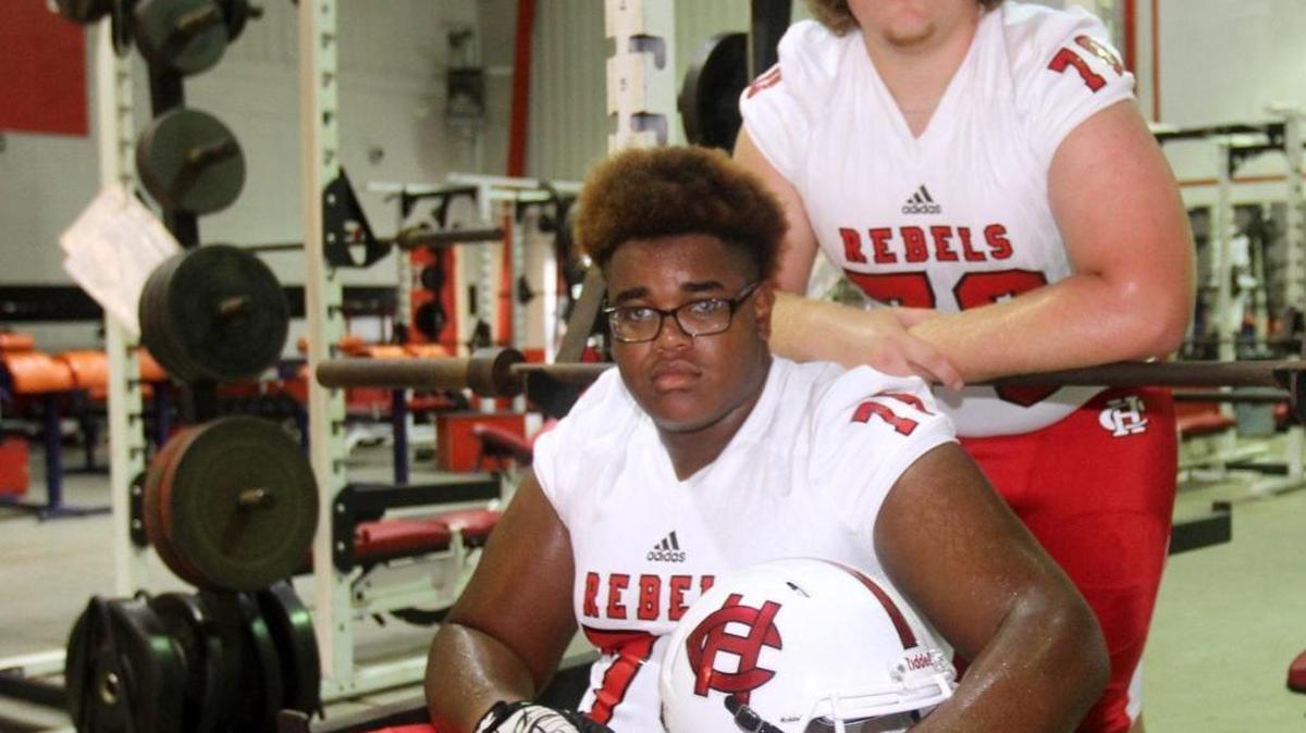 Harrison Central High School offensive linemen Bryce Ramsey, seated, and Jacob Shoemaker. Ramsey picked up an offer from Florida State over the weekend.