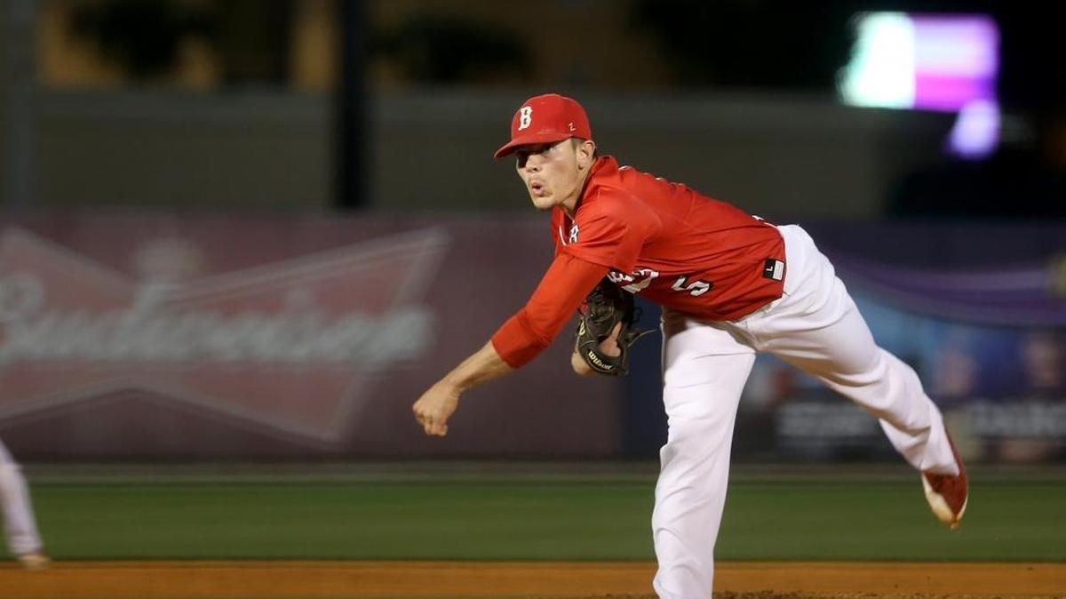Biloxi's Trey Shaffer pitches to D'Iberville at MGM Park in Biloxi on Friday, March 3, 2017.