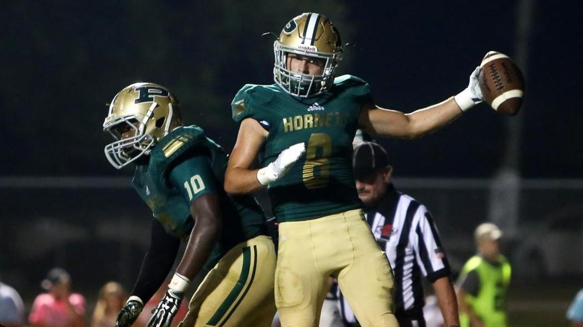 Poplarville’s Tyson Holston, right, celebrates with teammate Devin Hart after scoring a touchdown on Sept. 29, 2017 at Poplarville High.