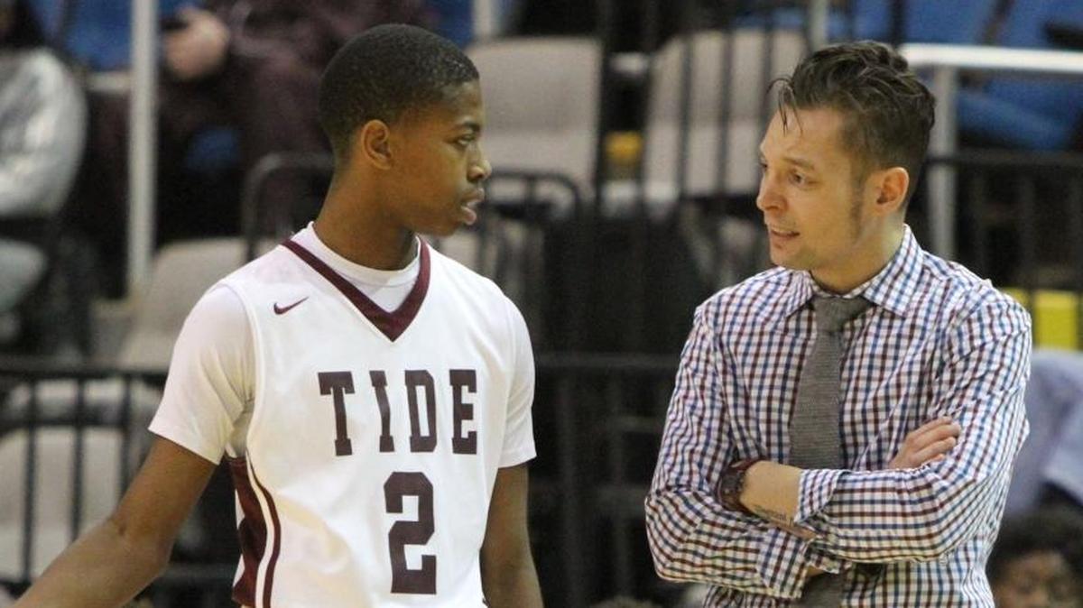 Picayune head coach Kelton Thompson talks to Marvun Arnold during the first quarter of their Hoopsfest game against Pascagoula at the Mississippi Coast Coliseum in Biloxi on Jan. 28, 2017.