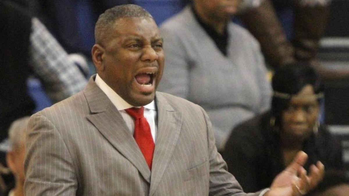 Harrison Central head coach Boo Hardy yells to his players during the first quarter of their game against Gulfport at Bert Jenkins gym in Gulfport on Friday Jan. 29, 2016. HCHS topped Gulfport on Saturday.