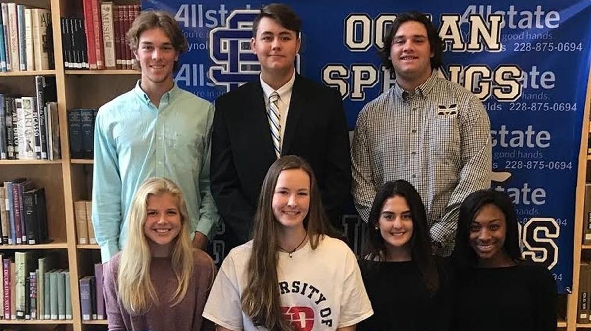 Ocean Springs’ Amelia Moore, center signed to play volleyball at Dayton University. Here are the other Ocean Springs’ signees: Kelsay Himel, William Carey Soccer; Cole wagoner, MGCCC Tennis; Britt McKay Pearl River CC baseball; Garrett Watson MGCCC Baseball; Emma Hunt Mississippi State Track and Field and Samya James, Chipola Fl. CC Fast Pitch.