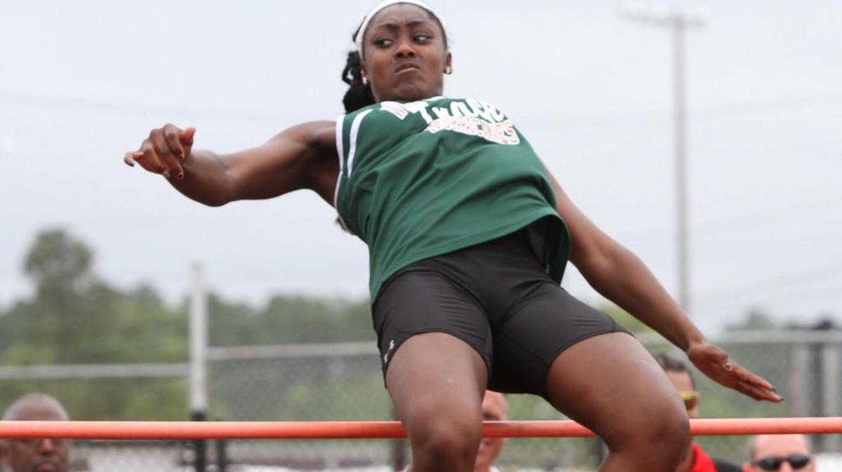 West Harrison's Deniyah Downs competes in the 5A South State track meet at Lance Lumpkin Stadium in Long Beach on April 30, 2016. Downs won with a jump of 5 feet.