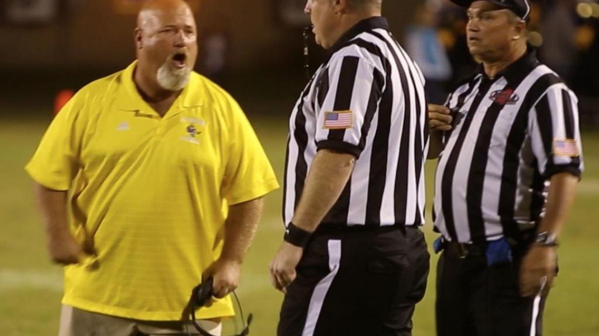 St. Martin head football coach Eddie Whitehead yells at the referees after a penalty called against them in the fourth quarter of their game against Ocean Springs at Joe Barlow Stadium in St. Martin on Friday, Oct. 21, 2016. The Yellow Jackets hosted Tylertown on Friday.