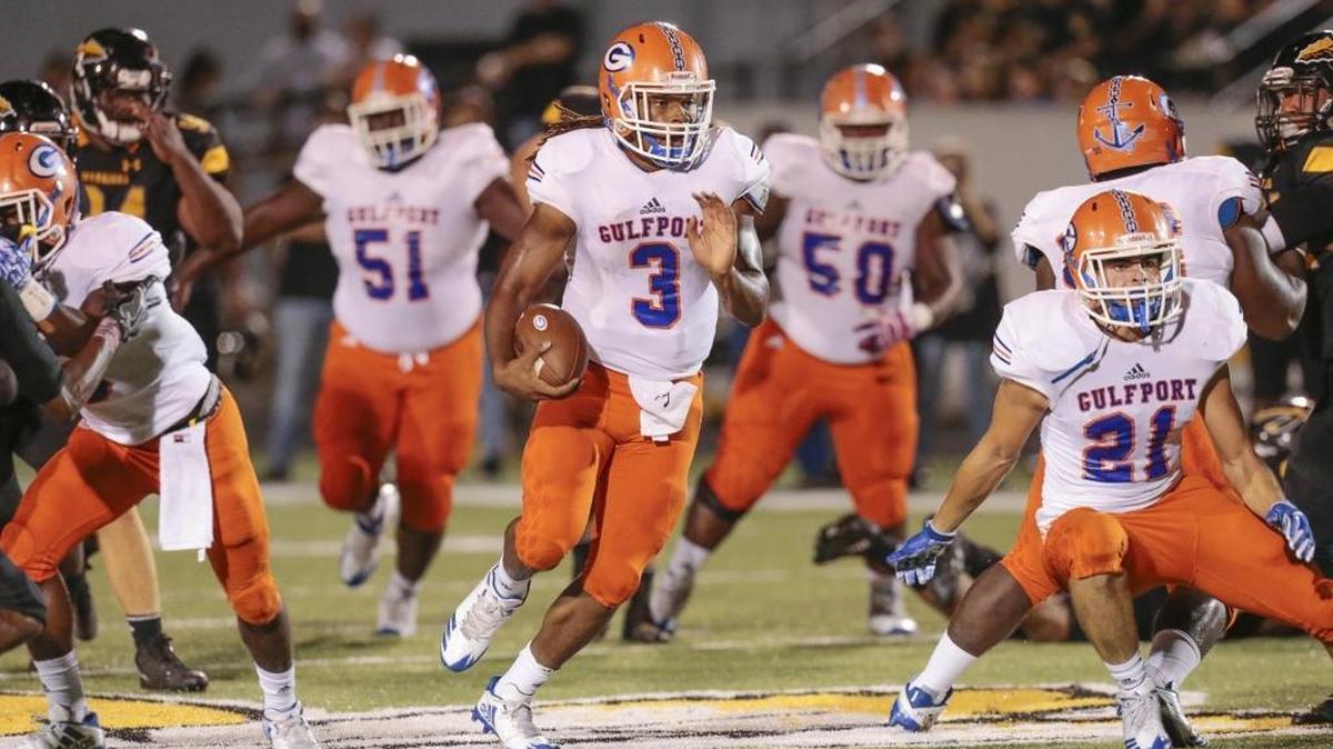 Gulfport quarterback T.Q. Newsome keeps around the end during the game at D’Iberville, October 20, 2017. Newsome announced Monday he had received a scholarship offer from Kansas.