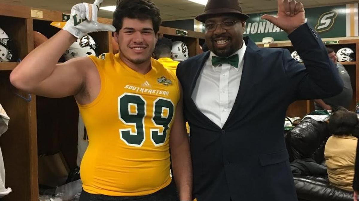 Harrison Central defensive lineman Noah Vance, left, committed to Southeastern Louisiana during an official visit to the school’s campus on Saturday.