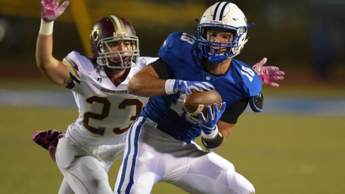 Ocean Springs' Austin Williams (18) cannot hold on to this pass reception against George County defensive back Kaleb Gentry (23) during the first quarter, Friday, Oct. 14, 2016, at Greyhound Stadium in Ocean Springs. Williams is representing Mississippi in the 30th annual Mississippi-Alabama All-Star Game, which will be played Saturday in Montgomery, Alabama.