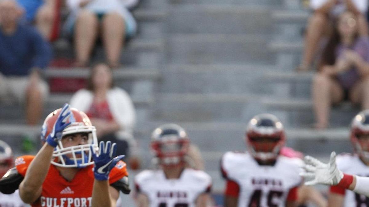 Gulfport wing back Luke Dimitriades watches a pass during the first quarter of their game against Hancock at Milner Stadium in Gulfport on Friday, Oct. 6, 2017. GHS moved up to No. 4 in the latest Sun Herald Top 10.