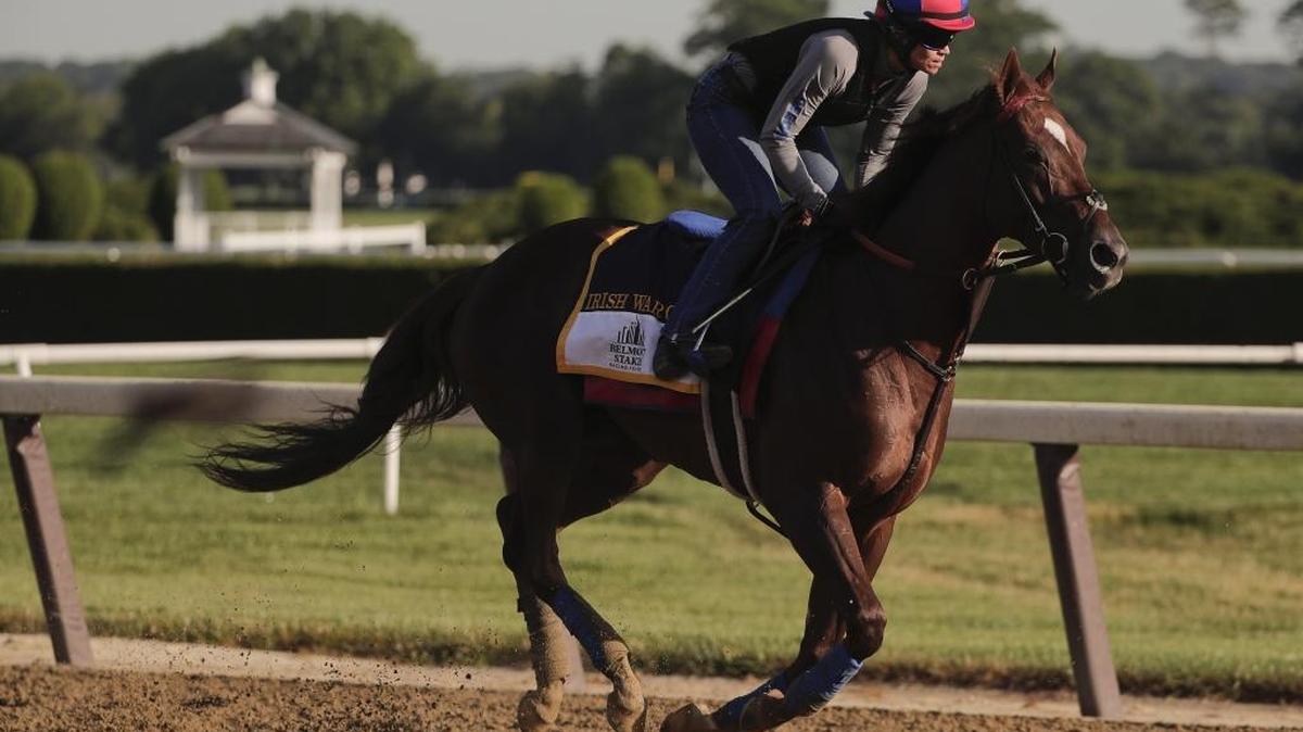 Belmont Stakes hopeful Irish War Cry gallops around the track during a workout at Belmont Park, Thursday, in Elmont, N.Y. Irish War Cry will be one of 12 horses competing in the 149th running of the Belmont Stakes horse race on Saturday.