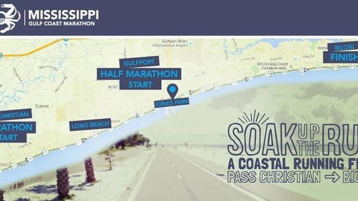 This map shows the start of the Mississippi Gulf Coast Marathon and Half Marathon. Both will end inside MGM Park in Biloxi.