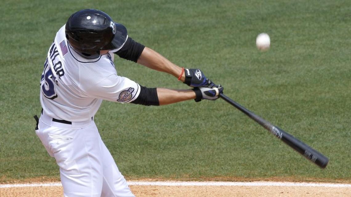 Tyrone Taylor of the Biloxi Shuckers hits a foul ball during a game at MGM Park.