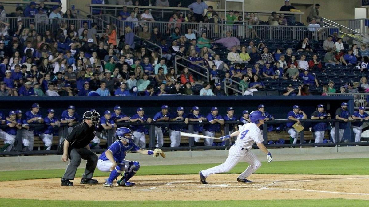 Gulfport's Blake Johnson watches his hit during their game against Ocean Springs at MGM Park in Biloxi on March 17, 2016. The Shuckers announced Thursday their promotional schedule.
