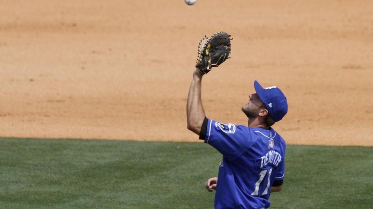 Biloxi first baseman Dustin DeMuth catches an infield fly ball against Pensacola.