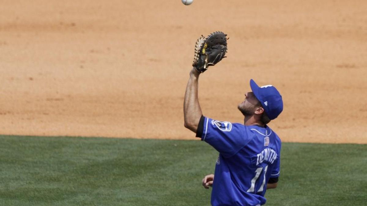 Biloxi first baseman Dustin DeMuth catches an infield fly ball against Pensacola at MGM Park.