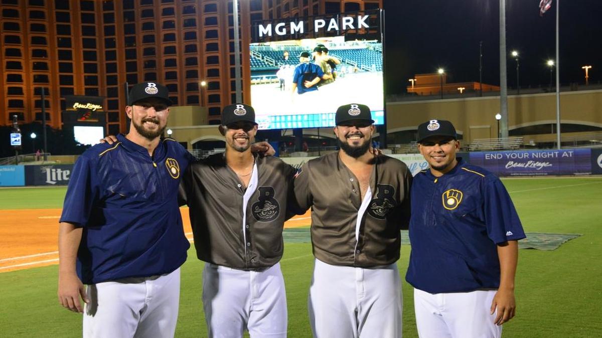 The four Biloxi Shuckers pitchers who combined to throw a no-hitter Monday night pose for a photo at MGM Park in Biloxi. The pitchers are (from left to right) Forrest Snow, Jorge Lopez, Nick Ramirez and Hiram Burgos.
