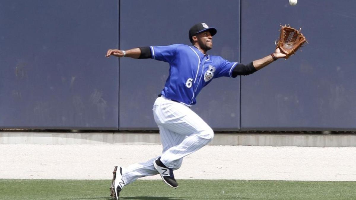 Shuckers outfielder Victor Roache catches a fly ball near the warning track in left center field against the Jackson Generals.