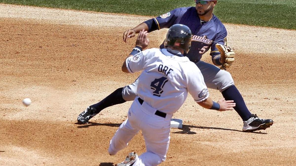 Milwaukee shortstop Jonathan Villar waits on the throw before tagging Biloxi's Nathan Orf out on a stolen base attempt at MGM Park, Saturday, Apr. 2, 2016. Thursday, the Brewers and Biloxi Shuckers announced a contract extension through the 2020 season.