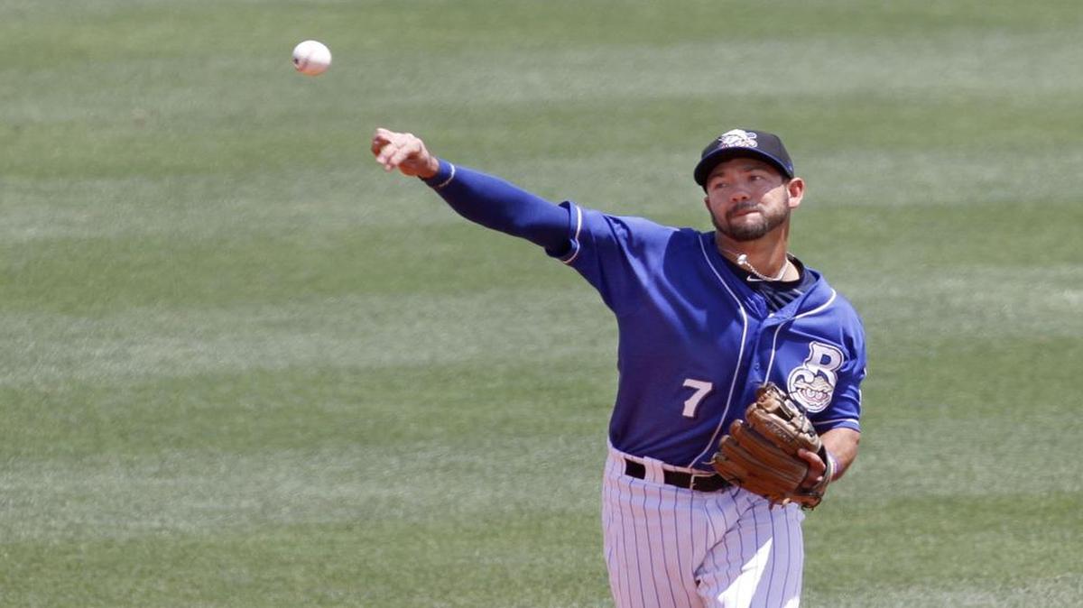 Shuckers second baseman Javier Betancourt throws to first after fielding ground ball Sunday against the Jackson Generals at MGM Park.