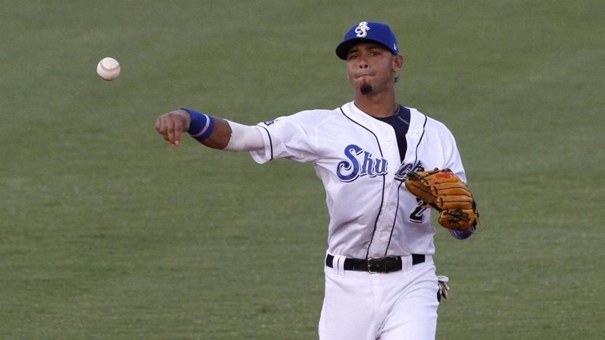 Shuckers shortstop Orlando Arcia throws to first after fielding a ground ball on June 19, 2015, at MGM Park in Biloxi.