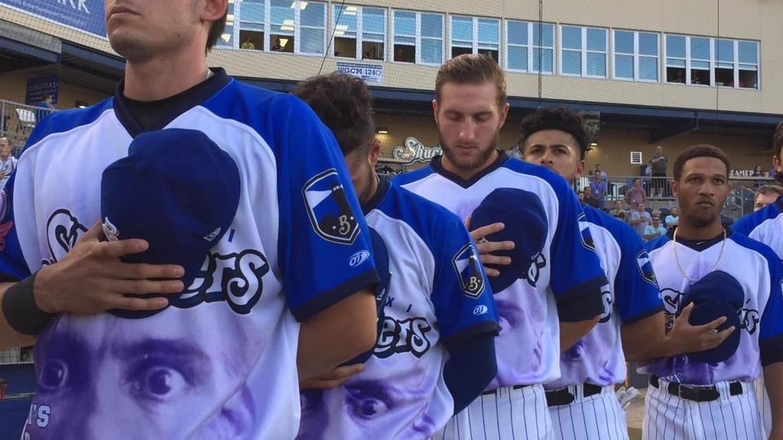 The Biloxi Shuckers wore George Ohr themed jerseys during warmups on Thursday before playing the Mobile BayBears.