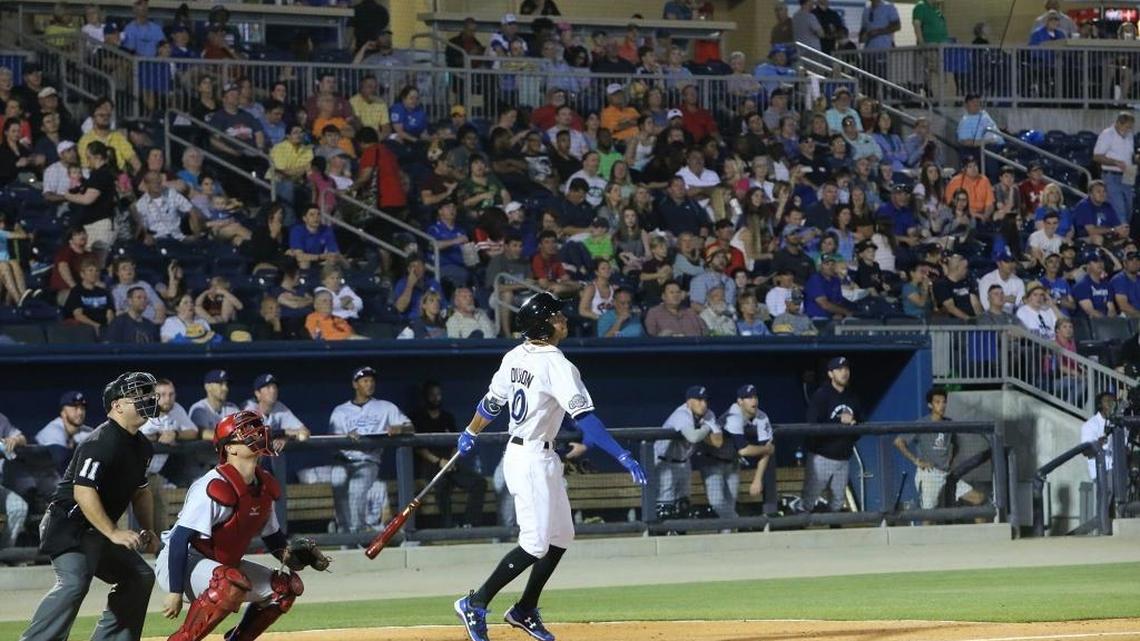 Biloxi's Mauricio Dubon watches his hit during the fourth inning of the Shuckers' home opener against Pensacola at MGM Park in Biloxi on Wednesday.