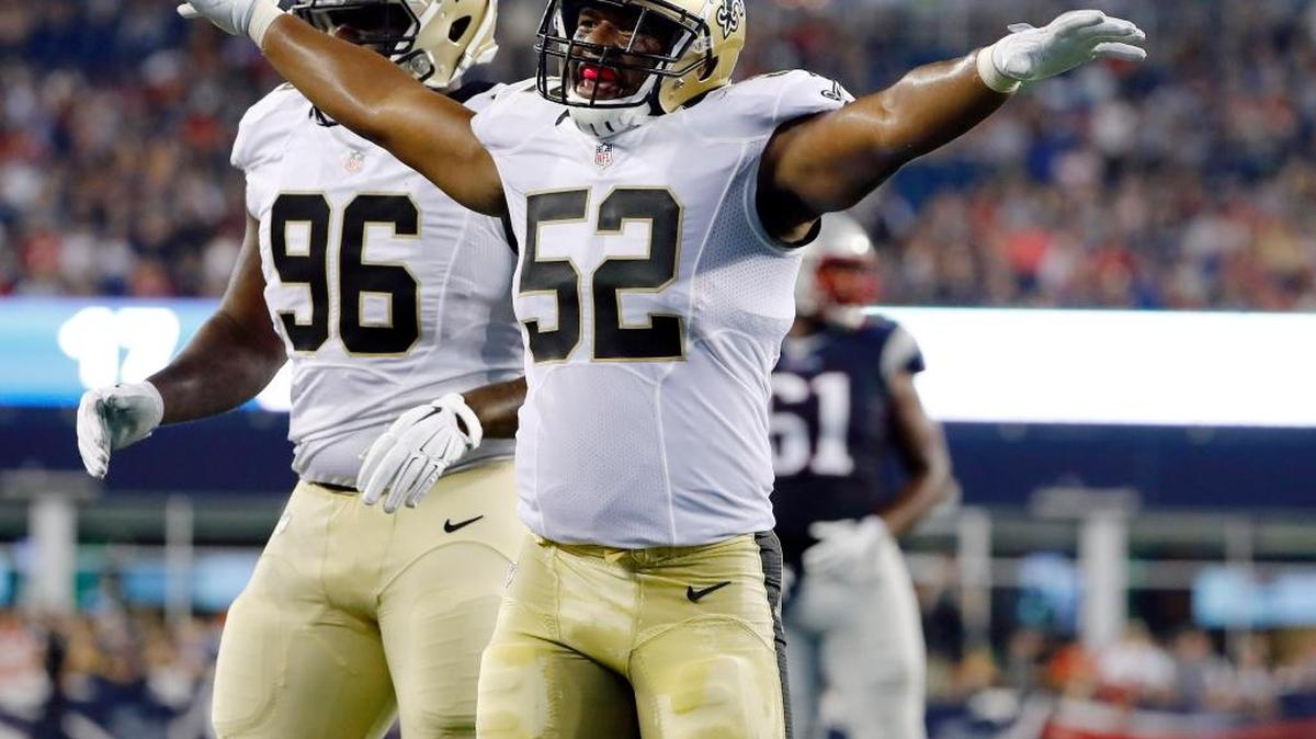 New Orleans Saints linebacker Craig Robertson (52) reacts after a play against the New England Patriots during the first half of a preseason game Thursday, Aug. 11, 2016, in Foxborough, Mass.