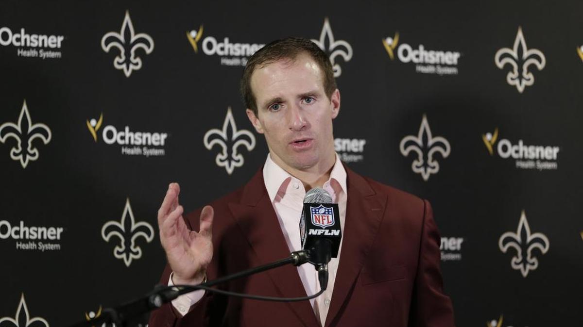 New Orleans Saints quarterback Drew Brees speaks during a press conference after facing the New York Giants Sunday in East Rutherford, N.J. The Giants won 16-13.
