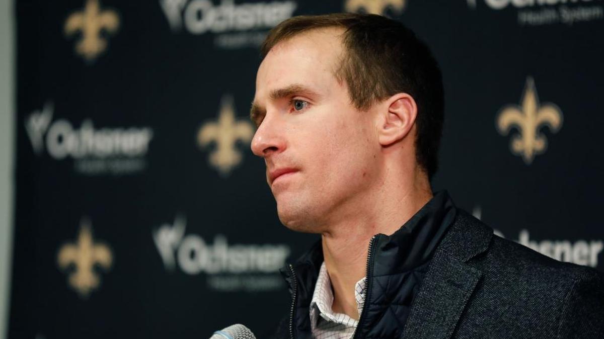 New Orleans Saints quarterback Drew Brees takes part in a news conference following an NFL divisional football playoff game in Minneapolis, Sunday, Jan. 14, 2018. The Vikings defeated the Saints 29-24.