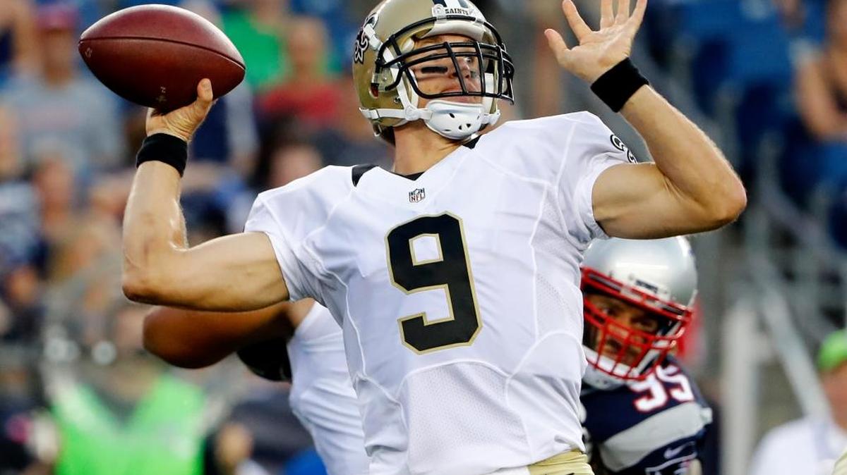 FILE - In this Aug. 11, 2016, file photo, New Orleans Saints quarterback Drew Brees passes against the New England Patriots in Foxborough, Mass. At 37, Brees’skills do not appear diminished; he led the NFL in yards passing last season. He also is highly motivated because he is entering the final season of his contract.