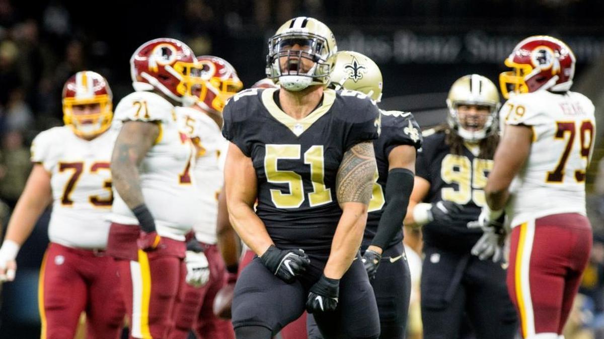 Saints Linebacker Manti Te'o celebrates after making a tackle as The New Orleans Saints take on the Washington Redskins in the Mercedes-Benz Superdome, Sunday, Nov. 19, 2017 in New Orleans.