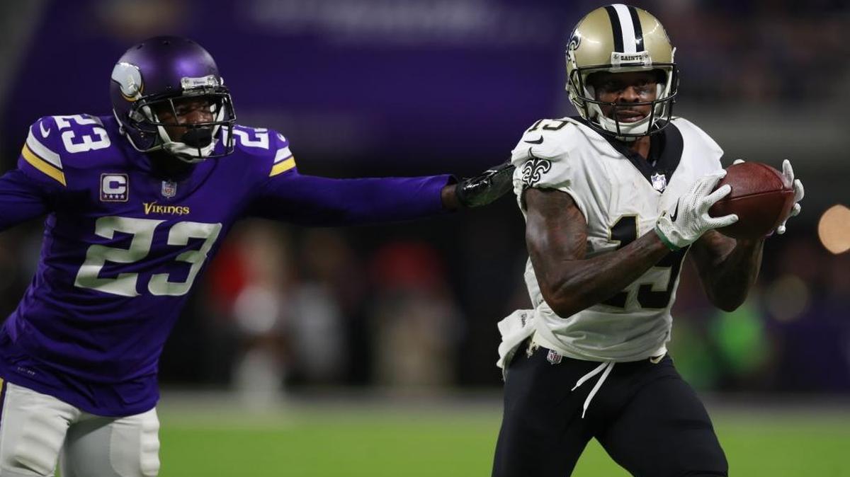 New Orleans Saints wide receiver Ted Ginn (19) makes a catch past Minnesota Vikings cornerback Terence Newman (23), Sept. 11, 2017, in Minneapolis. The Vikings won 29-19. The two teams will clash once again Sunday at 3:40 p.m. in Minnesota.