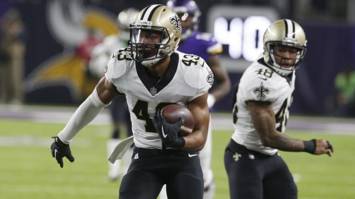 New Orleans Saints free safety Marcus Williams (43) runs against the Minnesota Vikings during the second half of an NFL divisional football playoff game in Minneapolis, Sunday, Jan. 14, 2018.