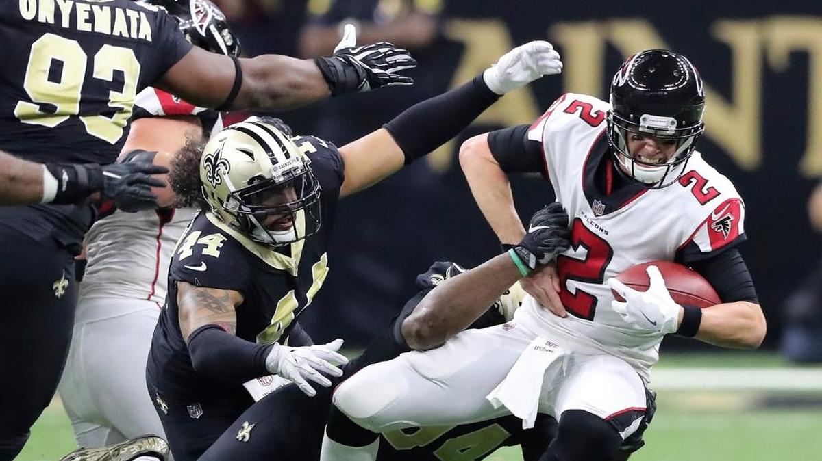 New Orleans Saints defensive end Cameron Jordan (94) sacks Atlanta Falcons quarterback Matt Ryan (2).