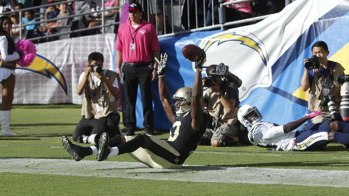 New Orleans Saints wide receiver Michael Thomas reacts after scoring a touchdown against the San Diego Chargers Sundayin San Diego.
