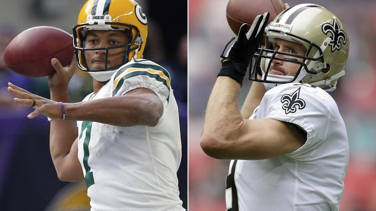 Green Bay Packers quarterback Brett Hundley (7) and New Orleans Saints quarterback Drew Brees (9) passes the ball as he warms-up before an NFL football game against the Miami Dolphins in London. Third-year pro Brett Hundley will make his first NFL start in place of the injured Aaron Rodgers when Green Bay hosts the rejuvenated Saints.