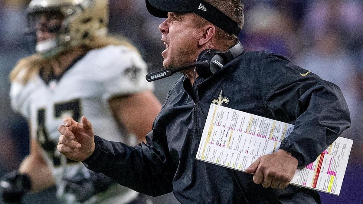 Saints coach Sean Payton is displeased with a call by the referees in the first half Monday night, Sept. 11, 2017 at U.S. Bank Stadium in Minneapolis, Minn.