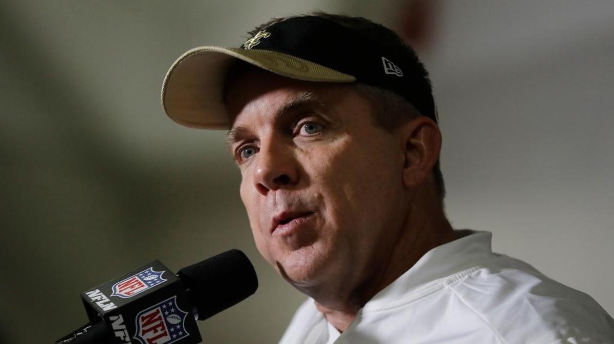 New Orleans Saints head coach Sean Payton speaks at a news conference after an NFL football game against the Atlanta Falcons, Sunday, Jan. 1, 2017, in Atlanta.
