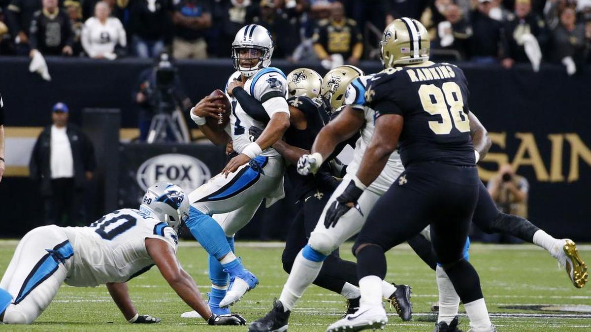 Carolina Panthers quarterback Cam Newton (1) is sacked on forth down late in the second half of an NFL football game against the New Orleans Saints.
