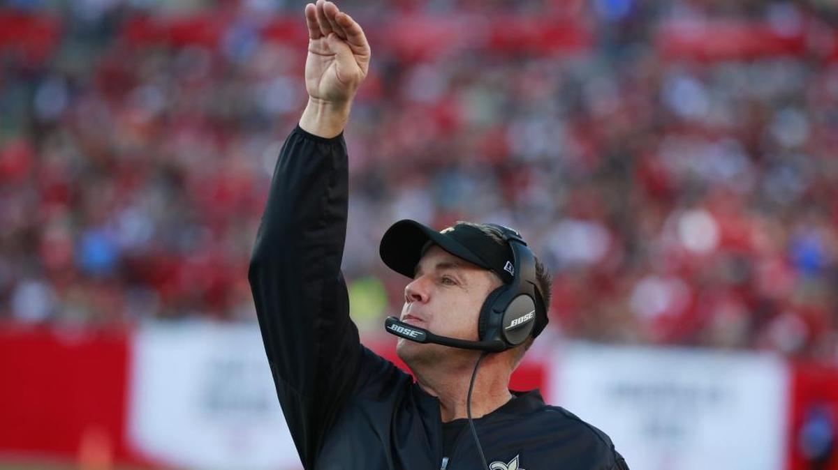 New Orleans Saints head coach Sean Payton reacts to a punt against the Tampa Bay Buccaneers during an NFL football game Sunday, Dec. 31, 2017, in Tampa, Fla.