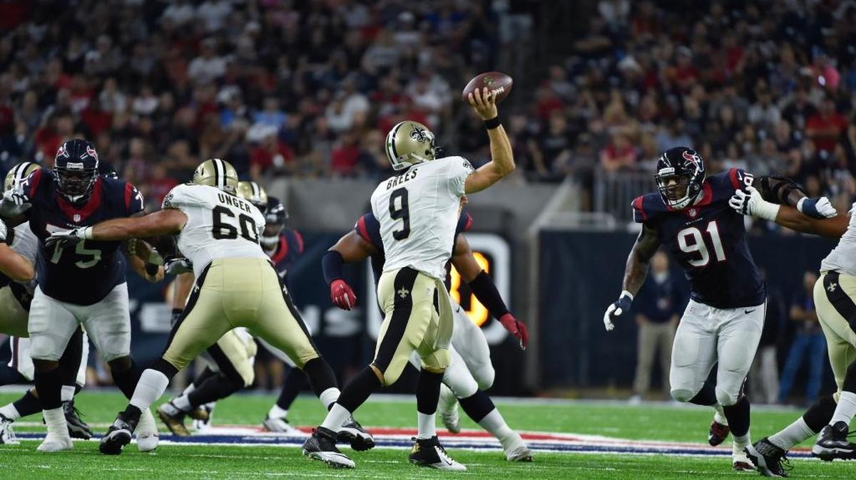 New Orleans Saints quarterback Drew Brees (9) throws against the Houston Texans in the first half of an NFL preseason football game in Houston, Saturday.